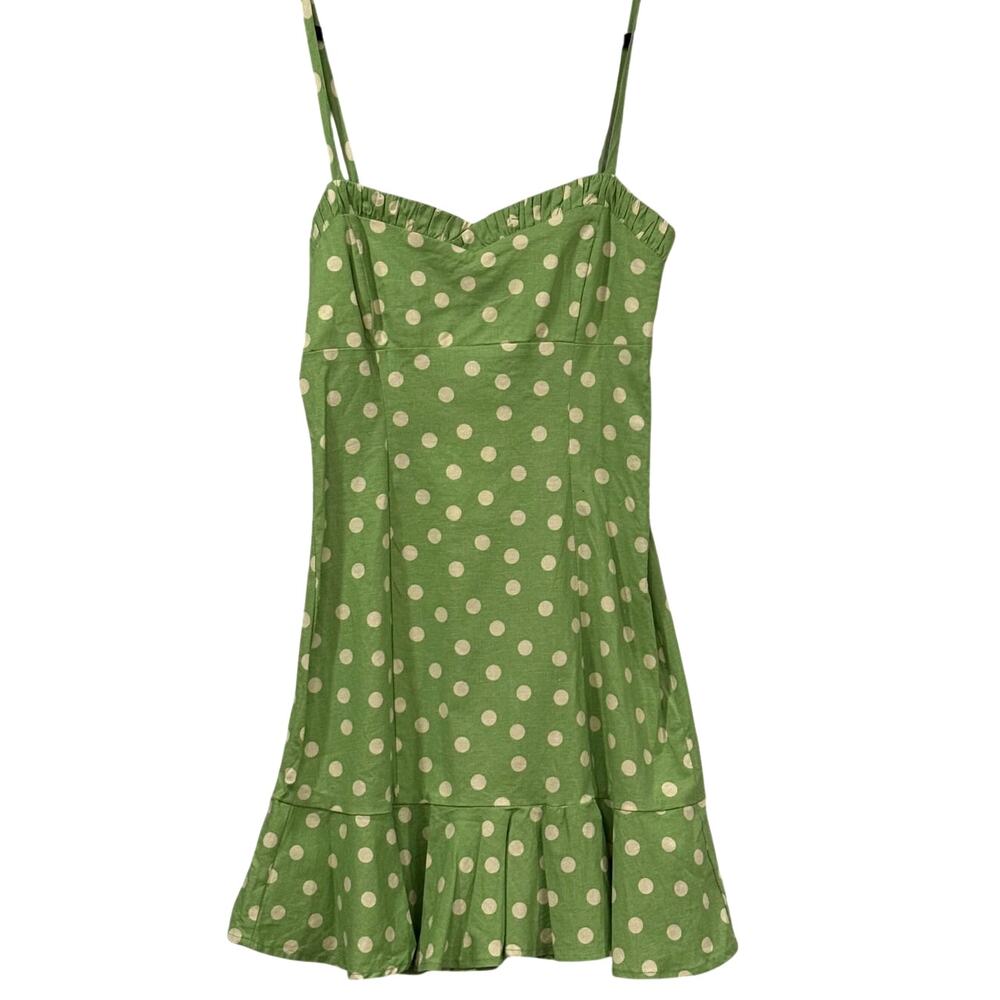 Zara Linen Blend Polka Dot Mini Dress Green Ruffle Hem NWT Women's Size Small - Picture 1 of 12